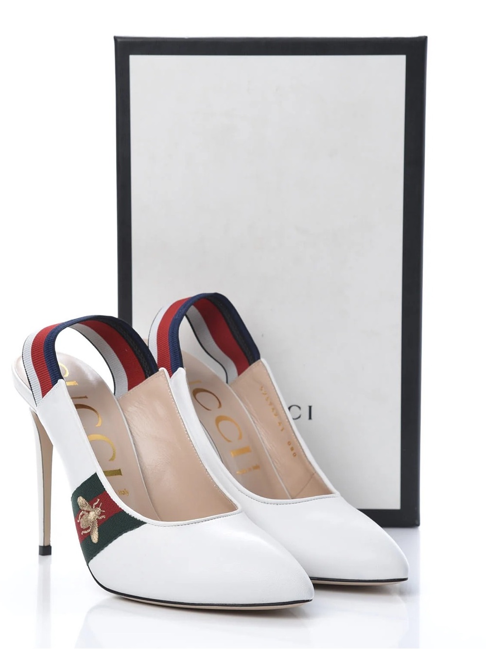 Gucci White Leather Slingback Pumps with Red-Blue Web and Green Bee Patch